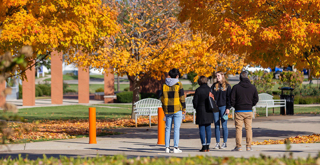 Students under fall trees