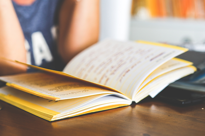 Photo of an open notebook with a student reading it