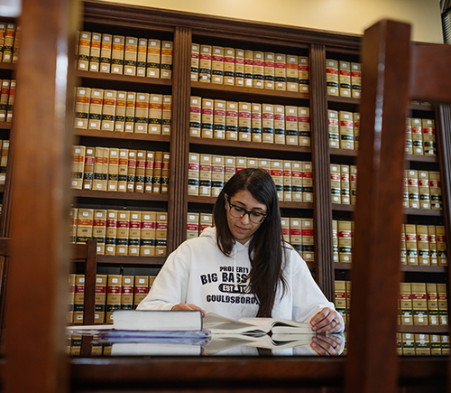 Photo of ONU Law Student with books behind her