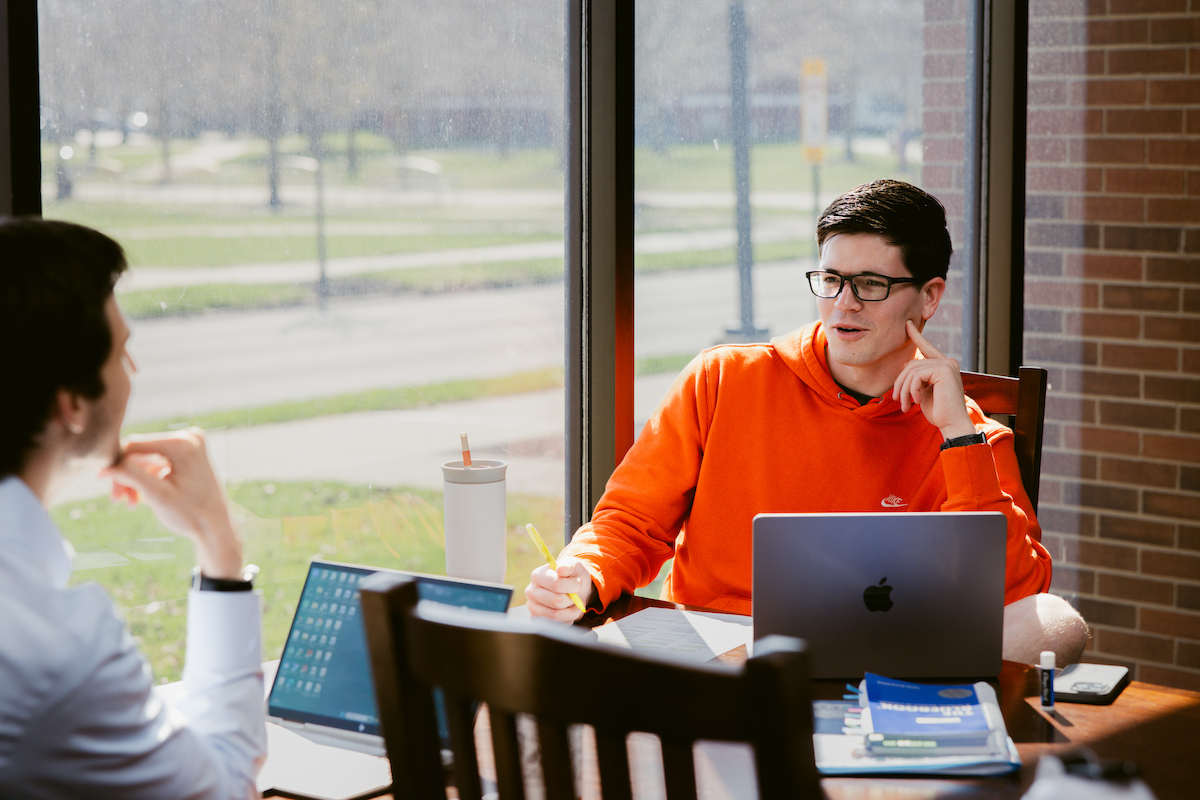 Students working in the library